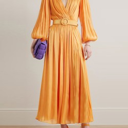 Belted Pleated Solid Color High Waisted Long Sleeves V-Neck Maxi Dresses