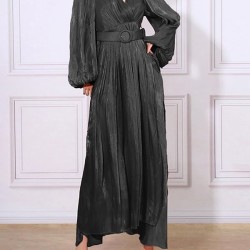 Belted Pleated Solid Color High Waisted Long Sleeves V-Neck Maxi Dresses