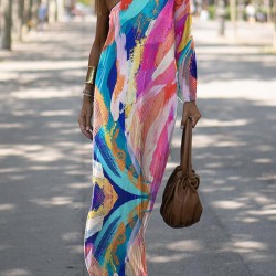 Long Sleeves Loose Asymmetric Elasticity Printed Split-side One-shoulder Maxi Dresses