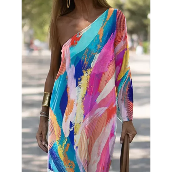 Long Sleeves Loose Asymmetric Elasticity Printed Split-side One-shoulder Maxi Dresses Long Sleeves Loose Asymmetric Elasticity Printed Split-side One-shoulder Maxi Dresses