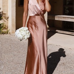 Pleated Solid Color Split-Joint Loose Short Sleeves V-Neck Maxi Dresses