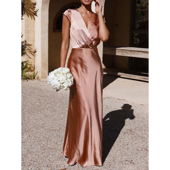 Pleated Solid Color Split-Joint Loose Short Sleeves V-Neck Maxi Dresses Pleated Solid Color Split-Joint Loose Short Sleeves V-Neck Maxi Dresses