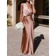 Pleated Solid Color Split-Joint Loose Short Sleeves V-Neck Maxi Dresses Pleated Solid Color Split-Joint Loose Short Sleeves V-Neck Maxi Dresses