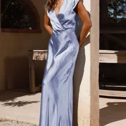 Pleated Solid Color Split-Joint Loose Short Sleeves V-Neck Maxi Dresses