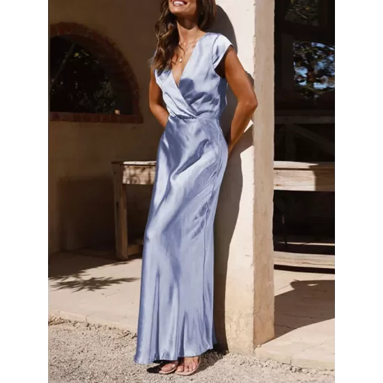 Pleated Solid Color Split-Joint Loose Short Sleeves V-Neck Maxi Dresses Pleated Solid Color Split-Joint Loose Short Sleeves V-Neck Maxi Dresses