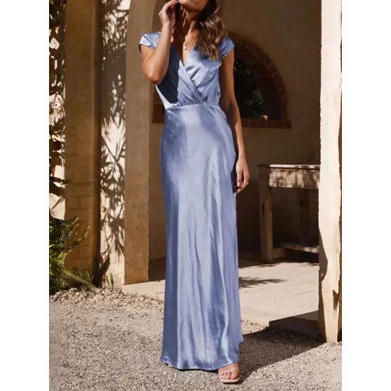 Pleated Solid Color Split-Joint Loose Short Sleeves V-Neck Maxi Dresses Pleated Solid Color Split-Joint Loose Short Sleeves V-Neck Maxi Dresses