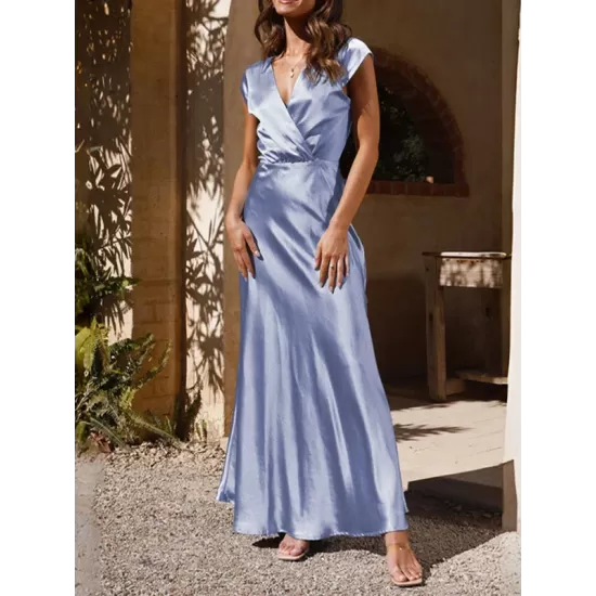 Pleated Solid Color Split-Joint Loose Short Sleeves V-Neck Maxi Dresses Pleated Solid Color Split-Joint Loose Short Sleeves V-Neck Maxi Dresses