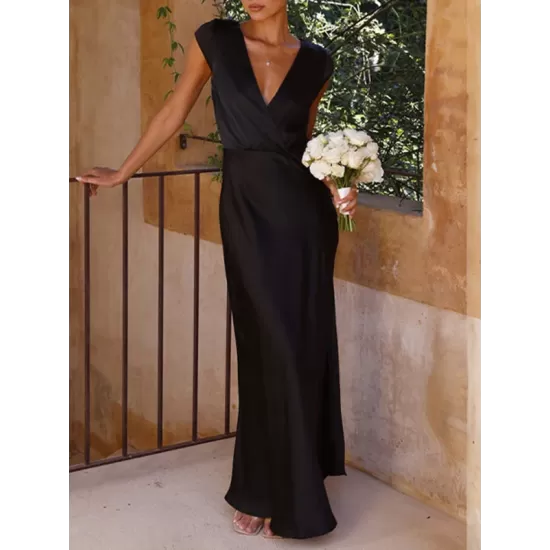 Pleated Solid Color Split-Joint Loose Short Sleeves V-Neck Maxi Dresses Pleated Solid Color Split-Joint Loose Short Sleeves V-Neck Maxi Dresses