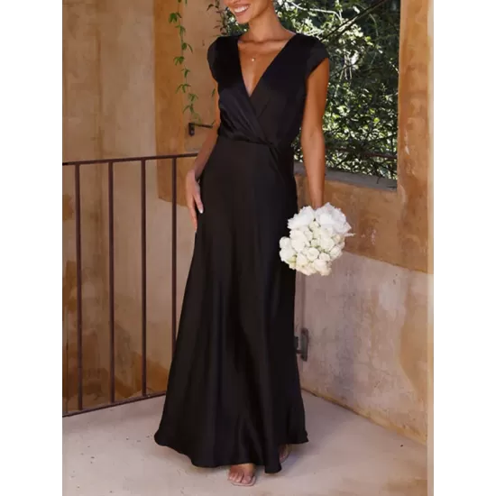 Pleated Solid Color Split-Joint Loose Short Sleeves V-Neck Maxi Dresses Pleated Solid Color Split-Joint Loose Short Sleeves V-Neck Maxi Dresses