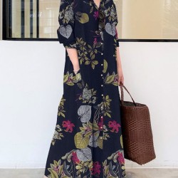Printed Split-Joint Loose Plus Size Lapel Shirt Dress Maxi Dresses