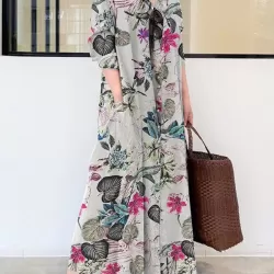 Printed Split-Joint Loose Plus Size Lapel Shirt Dress Maxi Dresses