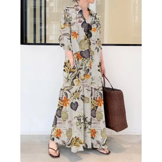 Printed Split-Joint Loose Plus Size Lapel Shirt Dress Maxi Dresses Printed Split-Joint Loose Plus Size Lapel Shirt Dress Maxi Dresses