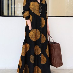 Printed Split-Joint Long Sleeves Loose Lapel Shirt Dress Maxi Dresses