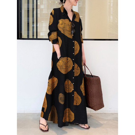 Printed Split-Joint Long Sleeves Loose Lapel Shirt Dress Maxi Dresses Printed Split-Joint Long Sleeves Loose Lapel Shirt Dress Maxi Dresses