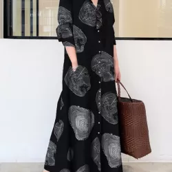 Printed Split-Joint Long Sleeves Loose Lapel Shirt Dress Maxi Dresses