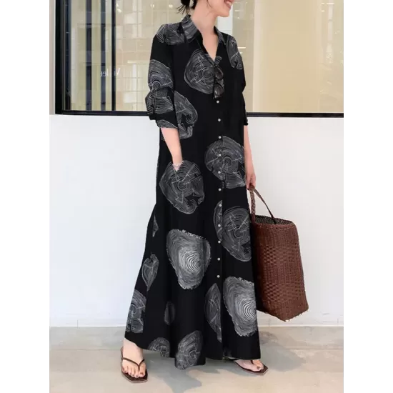 Printed Split-Joint Long Sleeves Loose Lapel Shirt Dress Maxi Dresses Printed Split-Joint Long Sleeves Loose Lapel Shirt Dress Maxi Dresses