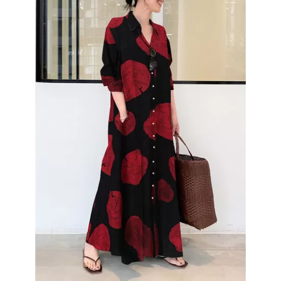 Printed Split-Joint Long Sleeves Loose Lapel Shirt Dress Maxi Dresses Printed Split-Joint Long Sleeves Loose Lapel Shirt Dress Maxi Dresses