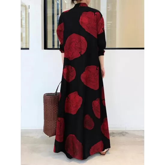 Printed Split-Joint Long Sleeves Loose Lapel Shirt Dress Maxi Dresses Printed Split-Joint Long Sleeves Loose Lapel Shirt Dress Maxi Dresses