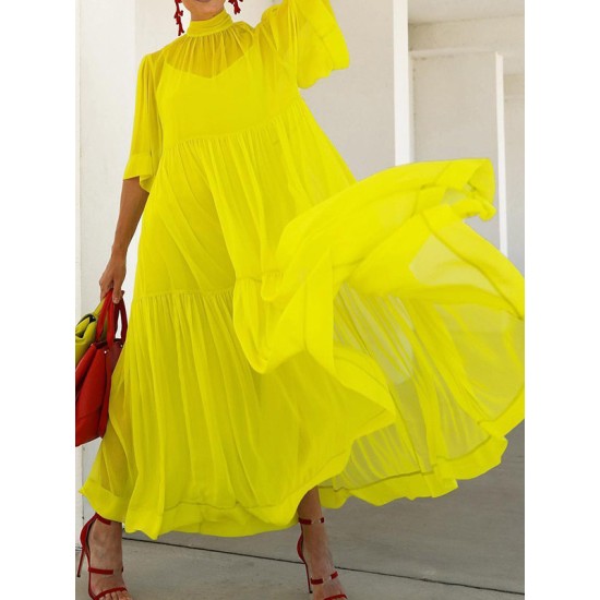 Solid Color Loose Plus Size Split-Joint Inner Dress + Mock Neck Mesh Pleated Outer Dress Two Pieces Set Solid Color Loose Plus Size Split-Joint Inner Dress + Mock Neck Mesh Pleated Outer Dress Two Pieces Set
