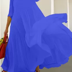Solid Color Loose Plus Size Split-Joint Inner Dress + Mock Neck Mesh Pleated Outer Dress Two Pieces Set