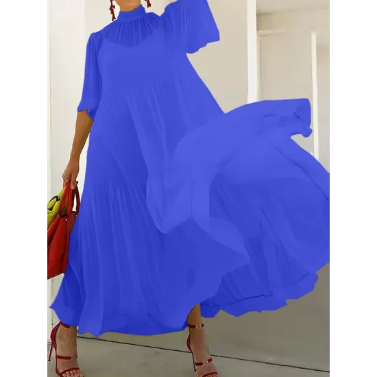 Solid Color Loose Plus Size Split-Joint Inner Dress + Mock Neck Mesh Pleated Outer Dress Two Pieces Set Solid Color Loose Plus Size Split-Joint Inner Dress + Mock Neck Mesh Pleated Outer Dress Two Pieces Set