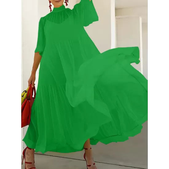 Solid Color Loose Plus Size Split-Joint Inner Dress + Mock Neck Mesh Pleated Outer Dress Two Pieces Set Solid Color Loose Plus Size Split-Joint Inner Dress + Mock Neck Mesh Pleated Outer Dress Two Pieces Set
