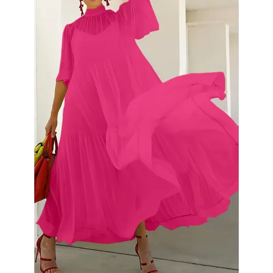 Solid Color Loose Plus Size Split-Joint Inner Dress + Mock Neck Mesh Pleated Outer Dress Two Pieces Set Solid Color Loose Plus Size Split-Joint Inner Dress + Mock Neck Mesh Pleated Outer Dress Two Pieces Set