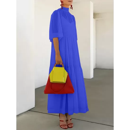 Solid Color Loose Plus Size Split-Joint Inner Dress + Mock Neck Mesh Pleated Outer Dress Two Pieces Set Solid Color Loose Plus Size Split-Joint Inner Dress + Mock Neck Mesh Pleated Outer Dress Two Pieces Set
