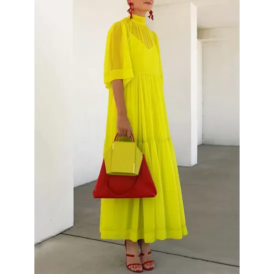 Solid Color Loose Plus Size Split-Joint Inner Dress + Mock Neck Mesh Pleated Outer Dress Two Pieces Set Solid Color Loose Plus Size Split-Joint Inner Dress + Mock Neck Mesh Pleated Outer Dress Two Pieces Set