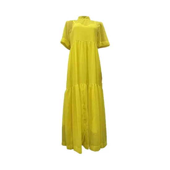 Solid Color Loose Plus Size Split-Joint Inner Dress + Mock Neck Mesh Pleated Outer Dress Two Pieces Set Solid Color Loose Plus Size Split-Joint Inner Dress + Mock Neck Mesh Pleated Outer Dress Two Pieces Set