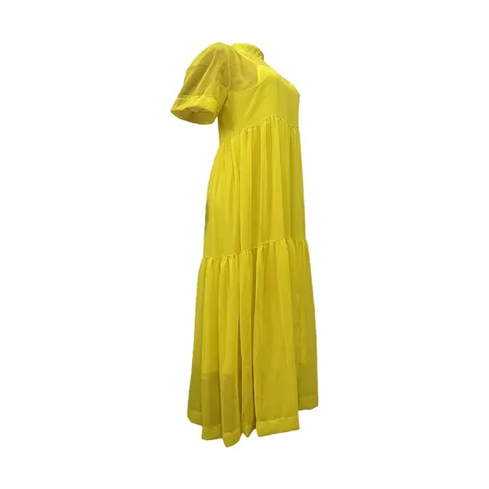 Solid Color Loose Plus Size Split-Joint Inner Dress + Mock Neck Mesh Pleated Outer Dress Two Pieces Set Solid Color Loose Plus Size Split-Joint Inner Dress + Mock Neck Mesh Pleated Outer Dress Two Pieces Set