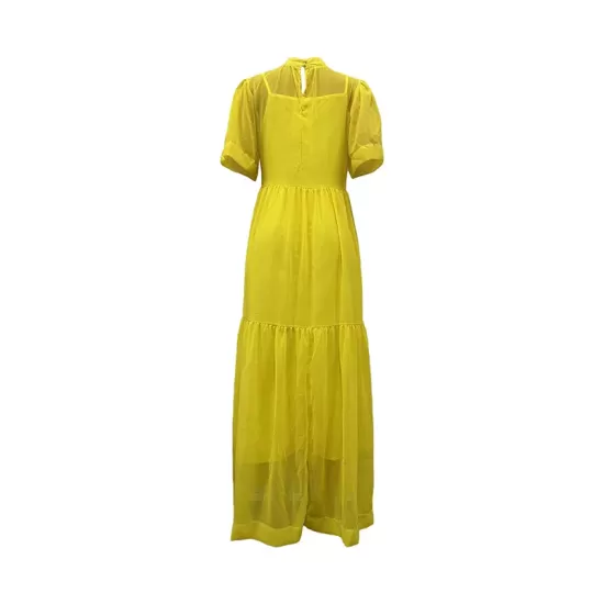 Solid Color Loose Plus Size Split-Joint Inner Dress + Mock Neck Mesh Pleated Outer Dress Two Pieces Set Solid Color Loose Plus Size Split-Joint Inner Dress + Mock Neck Mesh Pleated Outer Dress Two Pieces Set