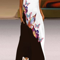 Butterfly Print A-Line Loose Round-Neck Maxi Dresses
