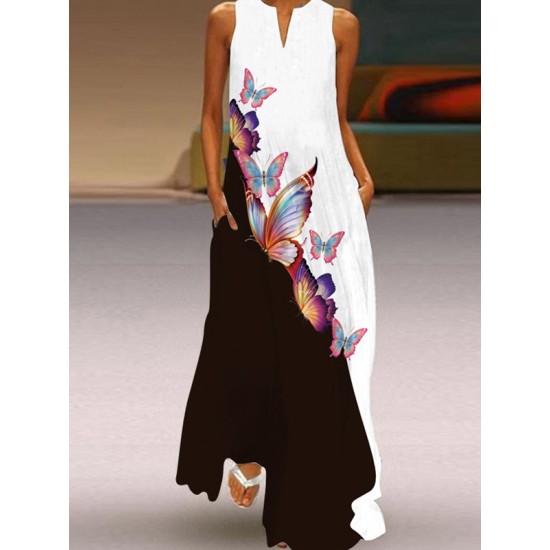 Butterfly Print A-Line Loose Round-Neck Maxi Dresses Butterfly Print A-Line Loose Round-Neck Maxi Dresses