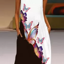 Butterfly Print A-Line Loose Round-Neck Maxi Dresses