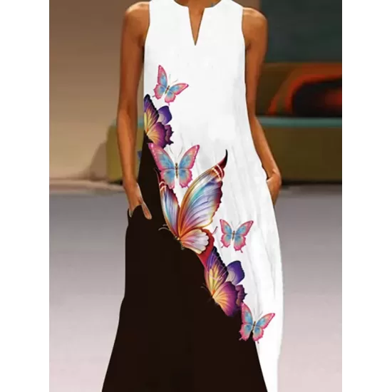 Butterfly Print A-Line Loose Round-Neck Maxi Dresses Butterfly Print A-Line Loose Round-Neck Maxi Dresses
