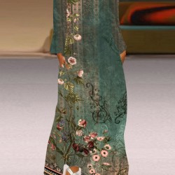 Flower Print Pockets A-Line Long Sleeves V-Neck Maxi Dresses