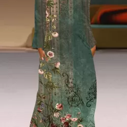 Flower Print Pockets A-Line Long Sleeves V-Neck Maxi Dresses