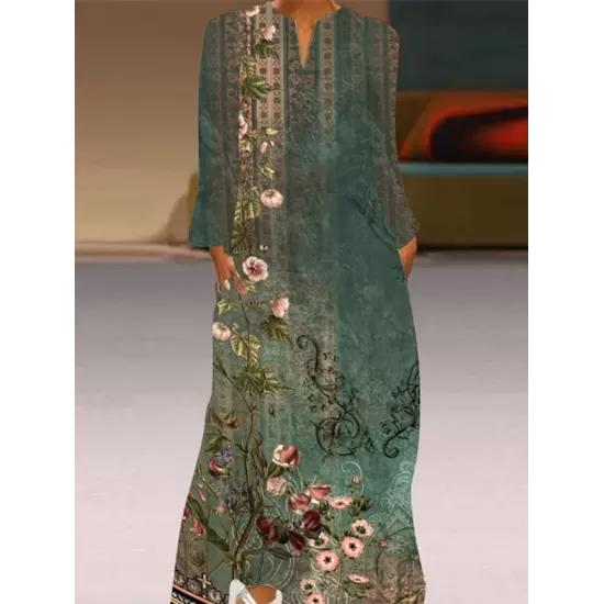 Flower Print Pockets A-Line Long Sleeves V-Neck Maxi Dresses Flower Print Pockets A-Line Long Sleeves V-Neck Maxi Dresses