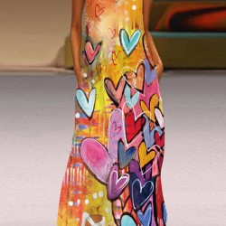 Heart Print A-line Loose Round-neck Maxi Dresses