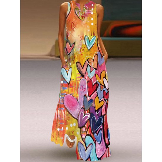 Heart Print A-line Loose Round-neck Maxi Dresses Heart Print A-line Loose Round-neck Maxi Dresses