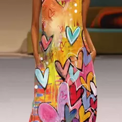 Heart Print A-line Loose Round-neck Maxi Dresses