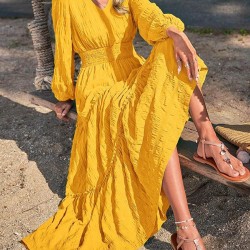 Elasticity Solid Color Split-Joint A-Line Long Sleeves V-Neck Maxi Dresses