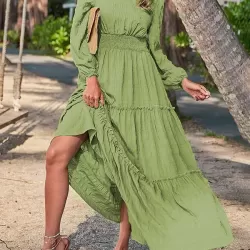Elasticity Solid Color Split-Joint A-Line Long Sleeves V-Neck Maxi Dresses