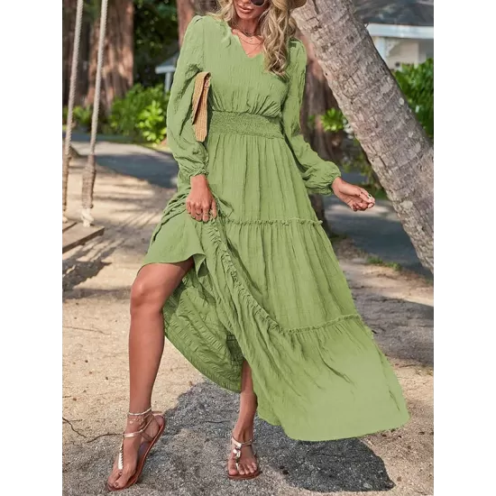 Elasticity Solid Color Split-Joint A-Line Long Sleeves V-Neck Maxi Dresses Elasticity Solid Color Split-Joint A-Line Long Sleeves V-Neck Maxi Dresses