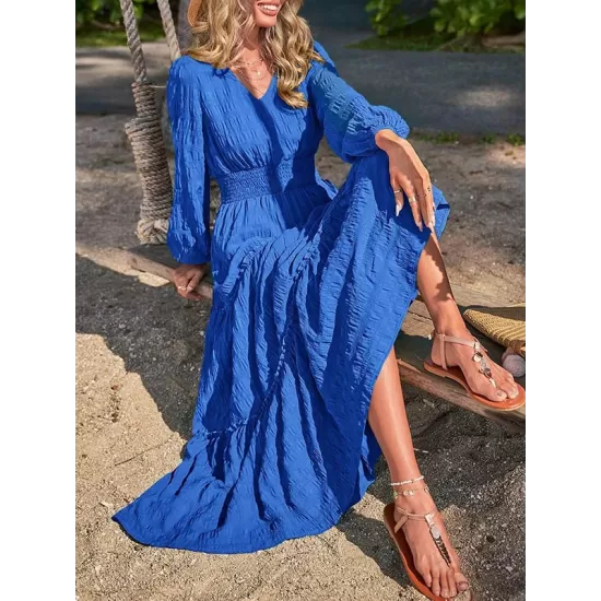 Elasticity Solid Color Split-Joint A-Line Long Sleeves V-Neck Maxi Dresses Elasticity Solid Color Split-Joint A-Line Long Sleeves V-Neck Maxi Dresses