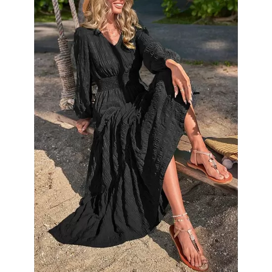 Elasticity Solid Color Split-Joint A-Line Long Sleeves V-Neck Maxi Dresses Elasticity Solid Color Split-Joint A-Line Long Sleeves V-Neck Maxi Dresses