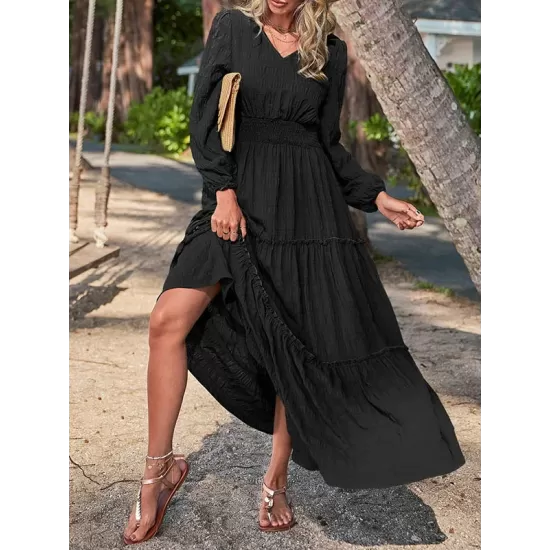 Elasticity Solid Color Split-Joint A-Line Long Sleeves V-Neck Maxi Dresses Elasticity Solid Color Split-Joint A-Line Long Sleeves V-Neck Maxi Dresses
