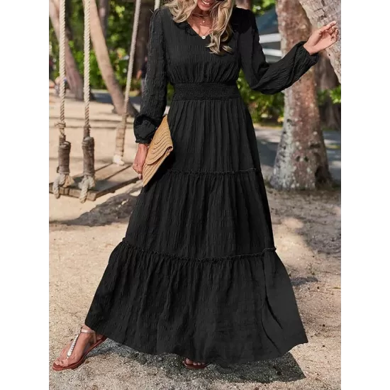 Elasticity Solid Color Split-Joint A-Line Long Sleeves V-Neck Maxi Dresses Elasticity Solid Color Split-Joint A-Line Long Sleeves V-Neck Maxi Dresses