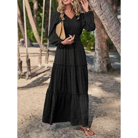 Elasticity Solid Color Split-Joint A-Line Long Sleeves V-Neck Maxi Dresses Elasticity Solid Color Split-Joint A-Line Long Sleeves V-Neck Maxi Dresses